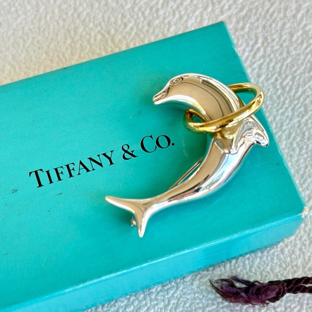 Authentic Rare Tiffany & Co. 18k Gold 925 Silver Dolphin Hoop Brooch Pin